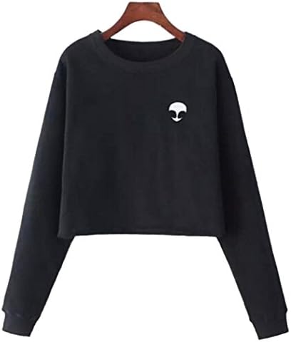 Dehutin Women’ Alien Head Printing Crop Top Pullover Bare Midriff Fleece Sweatshirts