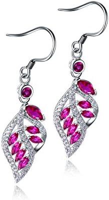 ZMIKI 925 Sterling Silver Cut Out Leaf Shape Dangle Hook Earring Adorned with Oval Ruby Gemstone