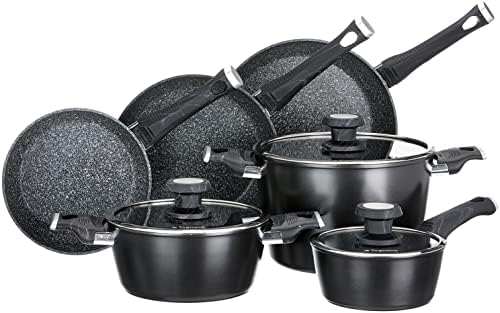 Tognana Sphera, Batteria di pentole e padelle, Set con 3 padelle, 2 casseruole, 1 pentola, 3 coperchi in vetro, 9 Pezzi, Alluminio, Nero