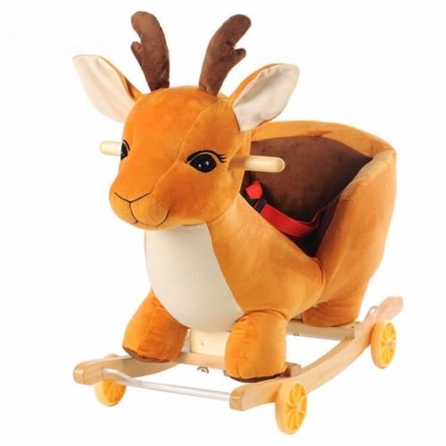 SZ5CGJMY ® Baby Infant Kids Animal Character Rockers With Rocking Nursery Rhymes Rocking Horses deer Sturdy wooden rocker frame PP cotton stuffed and super soft fur covered