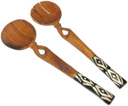 Twisted Olive Wood Salad Servers with Bone Handles