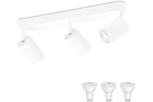 KYOTECH Lámpara de techo blanca con 3 focos Lámpara de techo LED de 5W orientable y giratoria incluida bombilla GU10 3000K 420LM Focos de techo para cocina, dormitorio, sala de estar