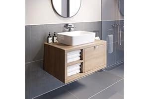 VITUSSO Bathroom Furniture Vanity Unit Basin Sink Wall Hung Mounted Soft Close Drawers Storage Cabinet with Shelves Ceramic Basin Oak Wood 800mm