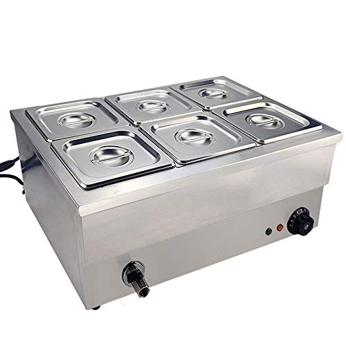 TAIMIKO Bain Marie électrique à 6 bacs en Acier Inoxydable Contrôle de la température avec Robinet de vidange 1500W 220-240V Certification CE (TC-3B-6)