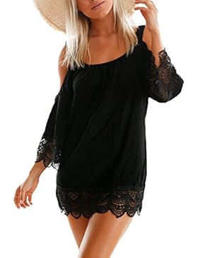 Aleumdr Damen Strandkleid Lacy Crochet Trim Crinkle Kalt Schulter Beachwear Bikini Cover up Minikleid Strandponcho