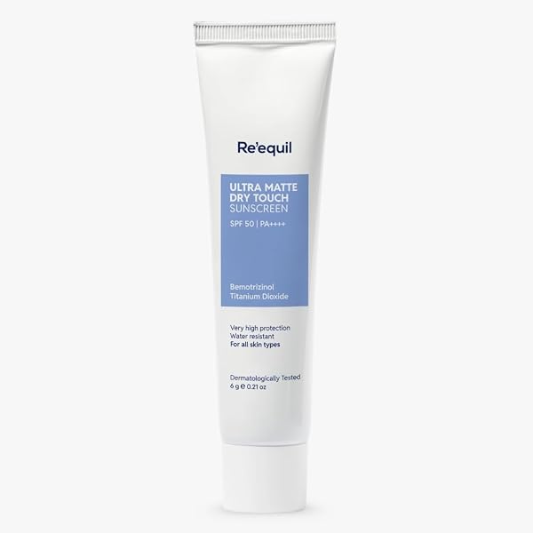 RE' EQUIL Ultra Matte Dry Touch Sunscreen | SPF 50 PA++++ | Water & Sweat Resistant | No White Cast, Non-Greasy & Non-Comedogenic | For All Skin Types | 6G (Tri