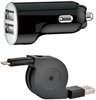 HXINH CoolAuto 3.1A(15.5W) Dual USB Car Charger Kit with [Apple MFi Certified] Retractable Lightning to USB Cable for iPhone 5 6 7 plus SE iPad 4th air mini pro - Black