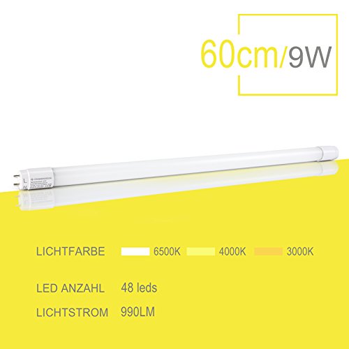 2er Pack OUBO LED Leuchtstofflampe 60CM Leuchtstoffröhre T8 Tube 9 Watt, Warmweiß 3000K, 990LM, Abstrahlwinkel 270°, Nanoröhren, inkl. LED Starter - 2