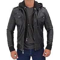 Mens Black Hooded Leather Bomber Jacket - Removable Hood In UK