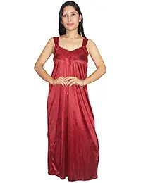 Indiatrendzs Women Nighty Satin Maroon 2 Pc Set Of Sexy Nighty & Over Coat Chest: Up to 38"