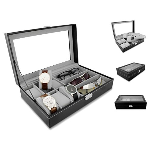 VENKON – 2 in 1 Uhrenbox & Brillenbox mit Schaufenster aus Glas für Aufbewahrung von 6 Uhren & 3 Brillen – Kunstleder Schwarz – 33 x 20 x 8 cm - 3