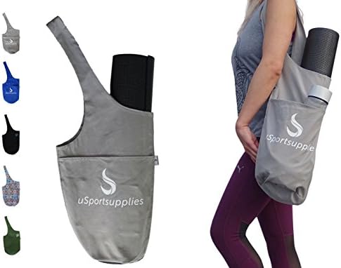 Premium Yogabag with carrying strap for all standard Fitness, Pilates, aerobics Yoga-training-mats – shoulderbag with large main pocket for towel or sportaccessory, sidebag includes inside pocket with zip for your smartphone, keys or wallet – 100% Cotton (Canvas, sailcloth), grey