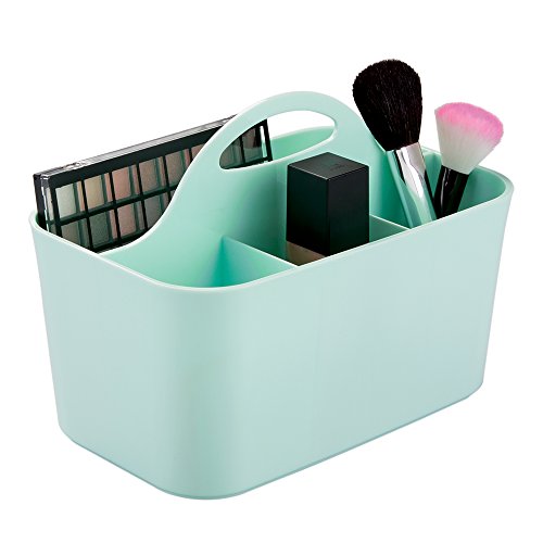 mDesign Kosemtik-Organizer mintgrün - Aufbewahrungsbox mit 4 Fächern - perfekte Schminkaufbewahrung aus Kunststoff - Griff zum Transportieren - 15,24 cm x 24,4 cm x 17,1 cm