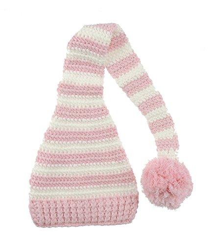 Cute New-born Baby Girls Crochet Long Tail Beanie Winkie Hat Large Fluffy Bobble- Baby Pink and White