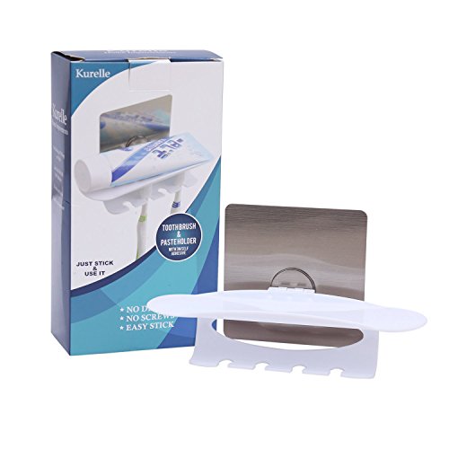 Kurelle selbstklebender Wand-Zahnbürstenhalter/-Zahnpasta Halter, für Zahnpasta Tube, Rasierschaum und 4 Zahnbürsten, Familienset, schafft Organisation im Bad - 3