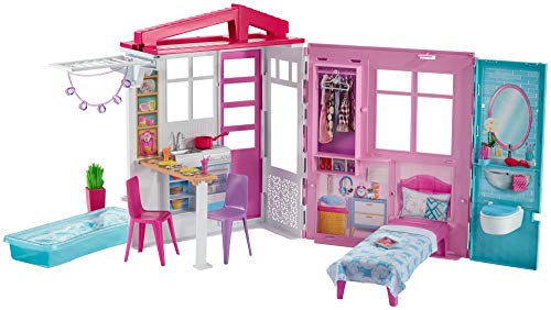 Barbie Mobilier Coffret Maison de Plain-pied à Emporter avec Piscine et Accessoires, Jouet pour Enfant, Fxg54