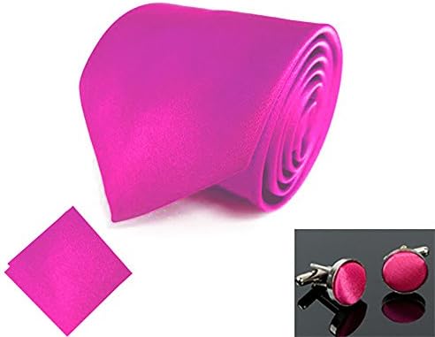 Sendmart Satin Plain Normal Classic Tie Party NeckTie + Pocket Square + CuffLink (Hot Pink)