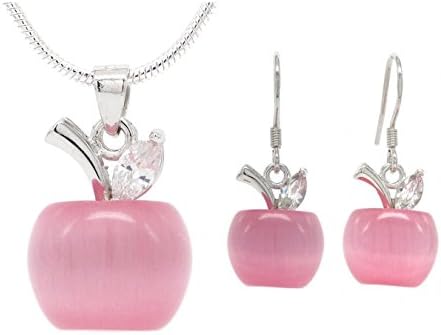 Pink moonstone apple earrings and necklace genuine sterling silver clasp and snake chain clear gems purple and black gift box