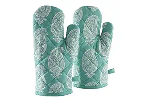 Amazon Brand - Solimo 100% Cotton Padded Oven Gloves Paisley, (Pack of 2, Blue)