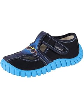 Jungen Kinderhausschuhe Viggami, grau, türkis, grau/Buchstaben und dunkelblau, Gr. 23 bis 30 (14 bis 18,7 cm)