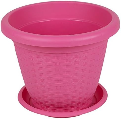 Rattan Plant Flower Pot Coloured Stackable Pot &amp; Saucer Herb Planter Garden (Fuchsia - 35cm)
