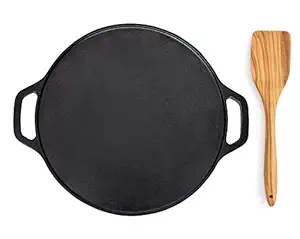 Lunchlab Pre-Seasoned Cast Iron 12 Inches Dosa Tawa with Extra Coating for Cooking on Gas, Induction and Electric Cooktops - Black