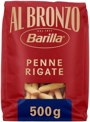 Barilla Pasta Al Bronzo Penne Rigate 100% Grano Italiano, Pasta trafilata al bronzo con microincisioni, Ruvidità Intensa, Formato grande e corposo, Eccellente tenuta del sugo, 500 g
