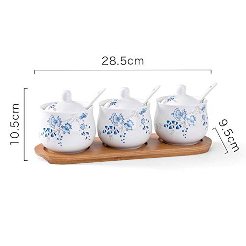 CWLLWC Spice Jars Box,Kitchen Ceramic Condiment Storage Container and Tray Household Salt Sugar msg Spice Jars Box Three-Piece Set