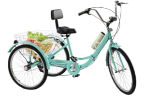 awolsrgiop - Triciclo per adulti da 24” (60 cm), pieghevole, 3 ruote, 7 marce, cruise bike, con luce a LED, con cestino e porta-borraccia, colore turchese