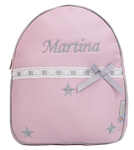Mochila Infantil Personalizada con Nombre en ecopiel. Modelo Sydney (Rosa/Gris)