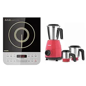 Philips Viva Collection Hd4928/01 2100-Watt Induction Cooktop (Black) & Philips Hl7505/02 500-Watt Mixer Grinder With 3 Jars (Red)- Dry Jar, Chutney And Wet Jar