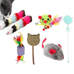 Emily Pets Pack of 6 Cat Toys Kitten Combo Set,Catnip Lollipop for cat,Interactive Cat Stick Teaser Wond,Fluffy Mouse,Sisal Rolling Feather Balls Cats Catnip Toys for Indoor Cats Chew Toy(Pack of 1)