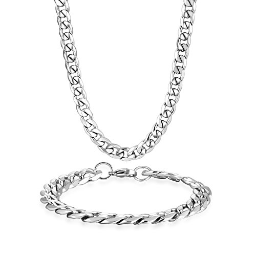 Potok Schmuck Edelstahl Ketten Set von Halsketten und Armketten für Damen Herren silberweißen Armbändern 5mm breit und 22cm für Armband, 61cm für Halskette (Ketten Set B)