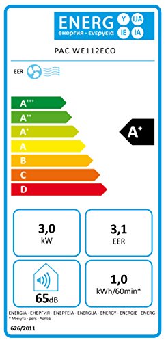 De’Longhi PAC WE112 Eco Mobiles Klimagerät (Wasser-Luft-Technologie, Max. Kühlleistung 3,0 kW/11.500 BTU/h, Separate Entfeuchtungsfunktion, Geeignet für Räume bis zu 100 m³) [Energieklasse EEK A+] - 2