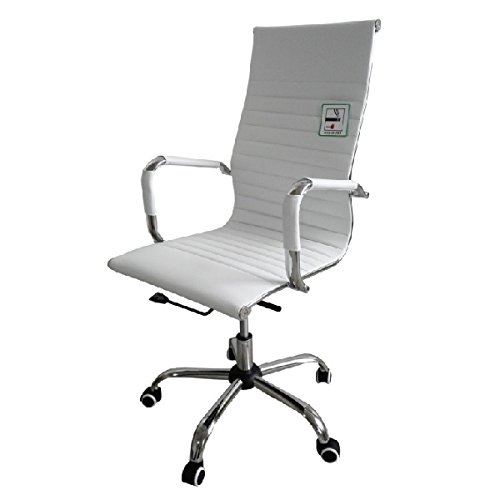 Silla de diseño con respaldo alto estriado de piel para la oficina, recepción, trabajar con el ordenador, blanco, 48 x 49 x 115 cm (W x D x H)