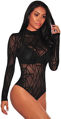 SHELLJAYS Ladies New Black Sheer Mesh Geometric Velvet Bodysuit Sizes 8,10,12,14, (UK 10-12 M)