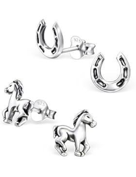 2 Paar Kinder Ohrringe 925 Silber Ohrstecker Pferde Pony und Hufeisen