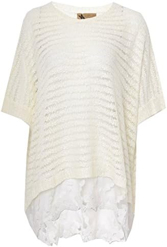 Qed Womens Short Sleeve Batwing Light Knitted Top With Lace Trim In Cream Size S/M