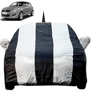 Autofact Car Body Cover for Maruti Swift (2005 to 2017) with Mirror and Antenna Pocket (Light Weight, Triple Stitched, Heavy Buckle, Bottom Fully Elastic, White Stripes with Navy Blue Color )