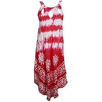 Mogul Interior Womens Fashion Dress Flared Tie Dye Batik Embroidered Sexy Red Sundress M