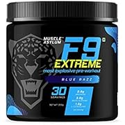 Muscle Asylum F9 Extreme Pre-Workout Energy Supplement | High Caffeine + Beta Alanine + EAA- Creatine Free - 30 Servings, 300gm + Free Trial Pack (Blue Razz)
