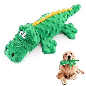 Qpets Dog Chew Toy Cartoon Crocodile Stuffed Toys for Puppy, Plush Doy Toy with 5 Squeaky Sound Teeth Cleaning Toy for Medium, Small Dog, Chew Toys