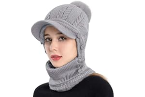 JIAHG Winter Hat Scarf and Mask Set for Women Girls, Thermal Fleece Knit Pom Pom Hat Peaked Beanie Cap Ear Flap Hat Neck Warmer 2 in 1 Cold Weather Hat Set for Fashion & Warmth