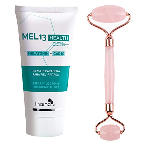 Pharmamel MEL 13 Health Crema reparadora para Piel Irritada con Melatonina y CoQ10-150 ml y Rodillo de Masajeador Facial Antiedad Antienvejecimiento