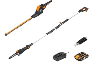 WORX 20V 2 en 1 Combo, Cortasetos telescópico y podadora WG908E, PowerShare, 2.0 Ah, tensado automático de la Cadena, lubricación automática de Aceite y Cargador rápido de 1 Hora.