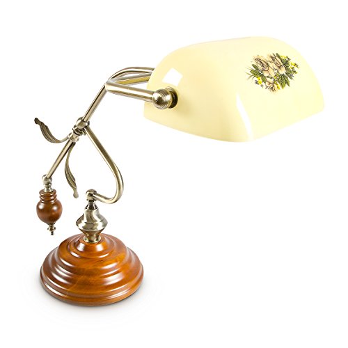 Relaxdays Tischlampe Shabby chic mit Blumen-Muster Bankerlampe, Echt Holzfuß Ornamente in Messing Optik Leselampe Leuchte Vintage Retro Landhaus Stil E27, Glas Holz Metall, Höhe: 44 cm, gelb 10016610
