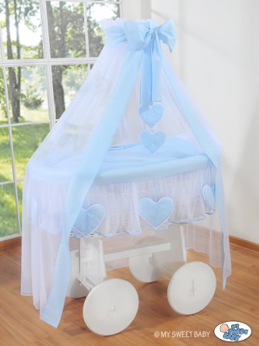 DELUXE HEART COLLECTION - LARGE WHEELED WHITE WICKER CRIB / MOSES BASKET / BASSINET / BABY COT WITH DRAPE / CANOPY NET - SOLID WOOD WHITE BASE + QUALITY BLUE & WHITE BEDDING SET + QUALITY MATTRESS + CANOPY NET HOLDER