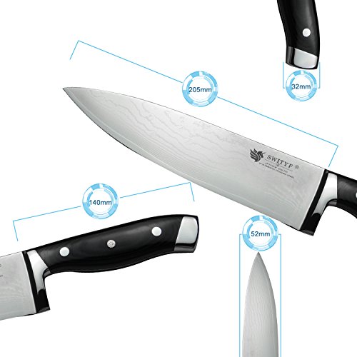 SWITYF VG-10 hochwertige japanische Stahl-Kochmesser, das 205mm lang und mit hohen Kohlenstoffgehalt ist. Das Damaskus-Muster ist wunderschön. DCK-RK - 2