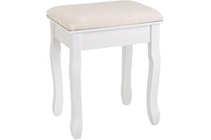 LOLAhome Banqueta de tocador de Madera de paulonia clásica Blanca de 50x30x39 cm, Taburete para Tocador Blanco, Taburete de Maquillaje Tapizado para Sala de Estar o Dormitorio