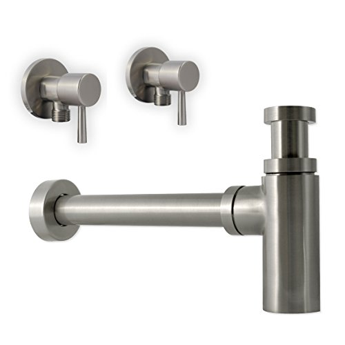 Preisvergleich Produktbild Eckventil Siphon Set Waschbecken Waschtisch Anschluss-Garnitur (Premium Rund Edelstahl Finish)